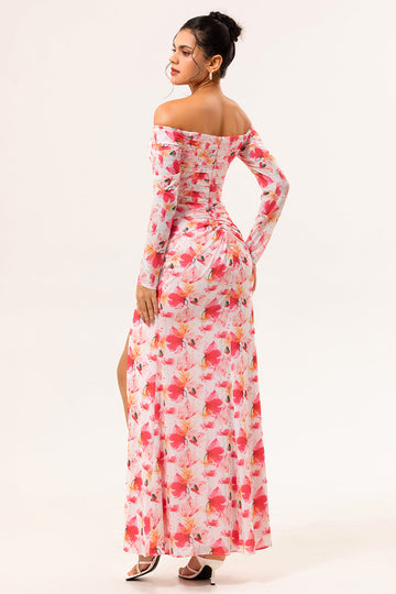 Pink Floral Sheath Off The Shoulder Long Wedding Guest Dress